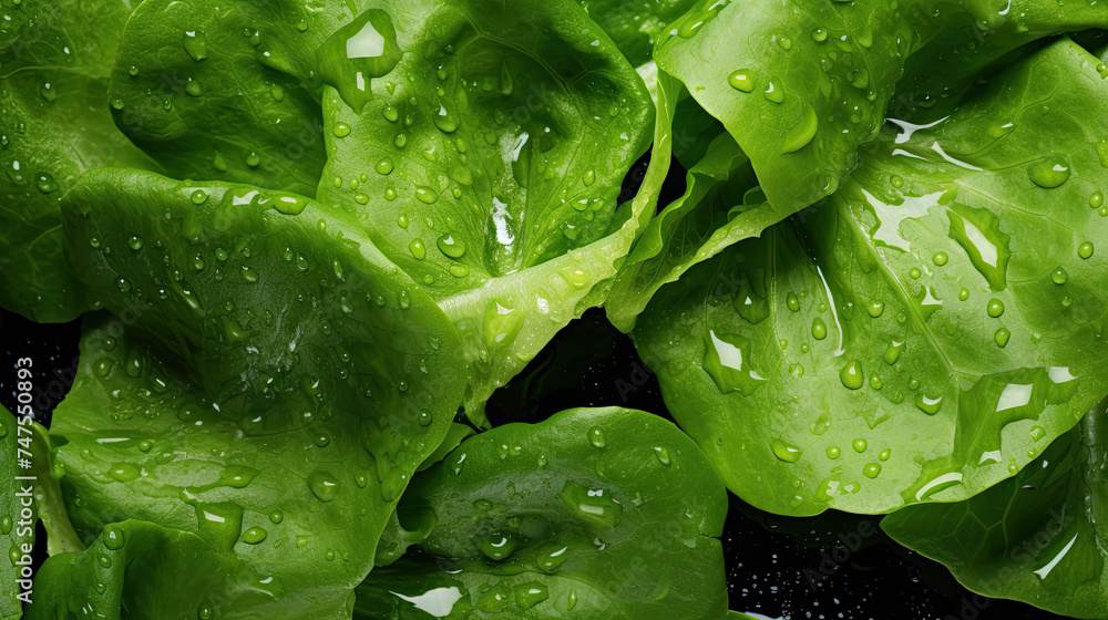 Top view of wet fresh lettuce leaves on a black background. Vegetable department banner layout. - obrazy, fototapety, plakaty 