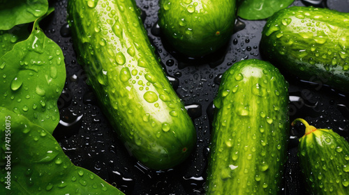 Top view of wet fresh cucumbers on a black background. Vegetable department banner layout.