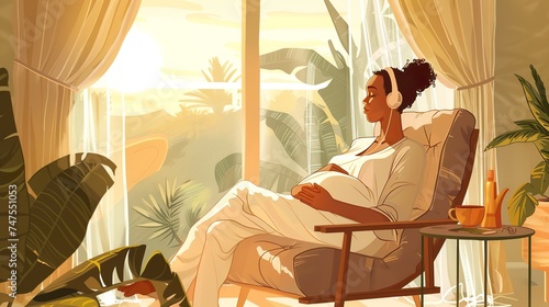 an illustration of a tranquil and soothing environment tailored for a pregnant woman seeking relaxation through music © Pekr