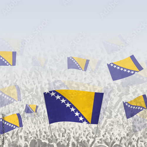 Crowd of people waving flag of Bosnia and Herzegovina square graphic for social media and news.