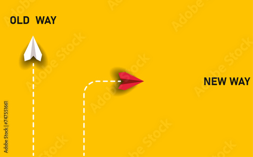 Red paper airplane flying old way new way. New Idea concept. business life change concept. Different thinking, Business leader, personality development idea concept.