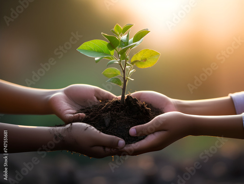 Childs hands holding a young plant seedling in soil, blurry green background 