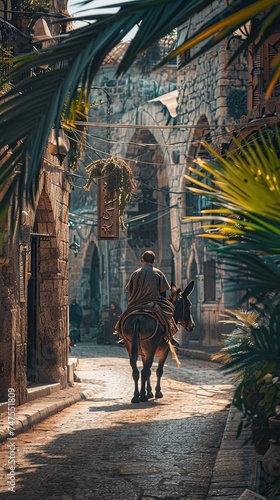 A man rides a donkey along the street of the old city, palm leaves in the right corner of the frame, a card or banner for Palm Sunday
