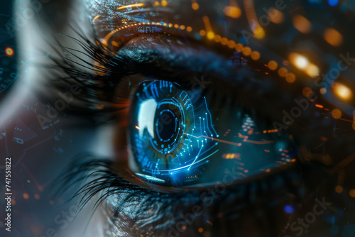 A close up of a woman 's eye with a futuristic design on it