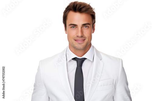 Studio portrait of handsome Caucasian Americana businessman wear formal suit and necktie with a beautiful smiling isolated on transparent png background, CEO manager with smart look.