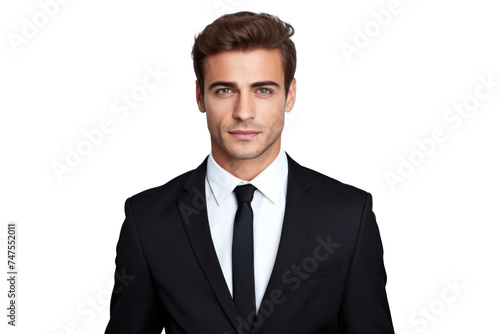 Studio portrait of handsome Caucasian Americana businessman wear formal suit and necktie with a beautiful smiling isolated on transparent png background, CEO manager with smart look.