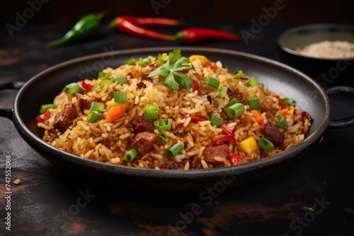 Close-up view photography of a delicious fried rice on a slate plate against a rusted iron background. AI Generation