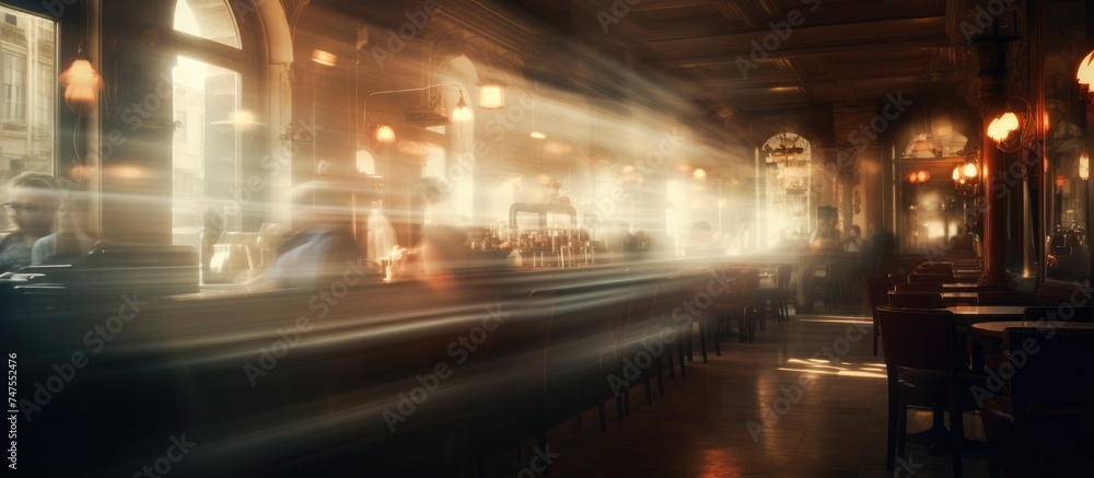 A blurred view of a bar filled with patrons enjoying drinks and conversations. The scene captures the bustling atmosphere of a social gathering in a lively setting.