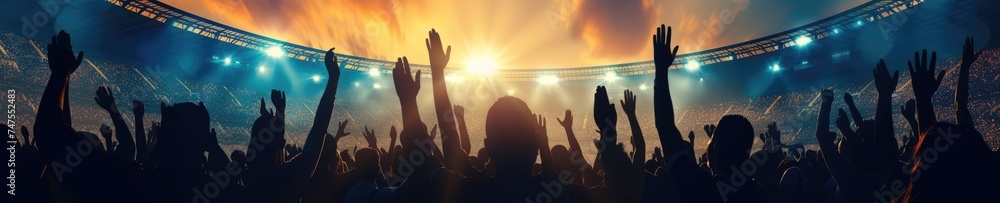 A joyous crowd of fans stands in a stadium, raising their arms in the air, under the morning sky filled with clouds, amidst the lush green grass, rejoicing in nature's embrace! AIG41 - obrazy, fototapety, plakaty 