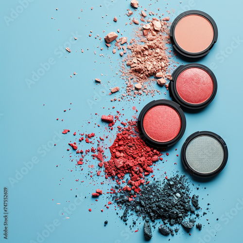 Scattered Eye Shadow, broken Makeup Palette, Cosmetic Make Up Crumbs in Pink, Beige and Blue Muted Colors on blue. Creative fashion and beauty concept. Top view, flat lay