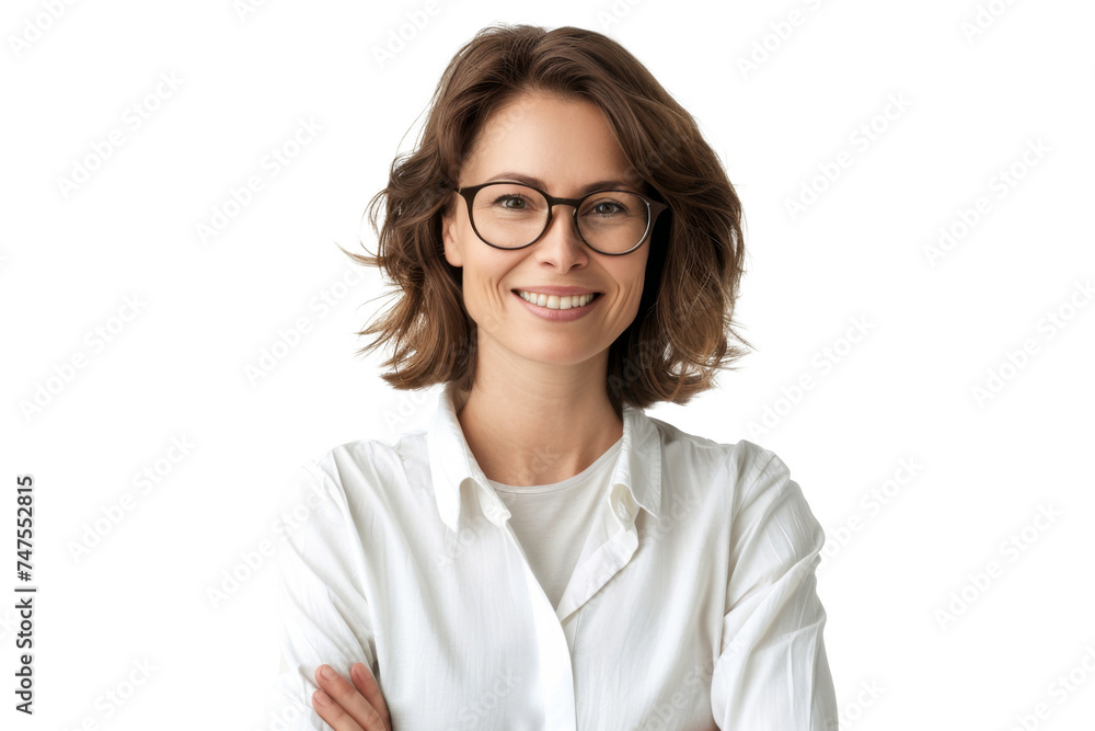 Studio portrait of a beautiful young Caucasian Americana business woman wear glasses and casual shirt with an attractive smile, isolated on transparent png background.