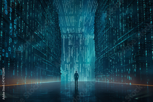 A man is standing in a room with a lot of numbers on the wall