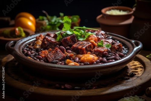 Highly detailed close-up photography of a juicy feijoada on a porcelain platter against a rusted iron background. AI Generation