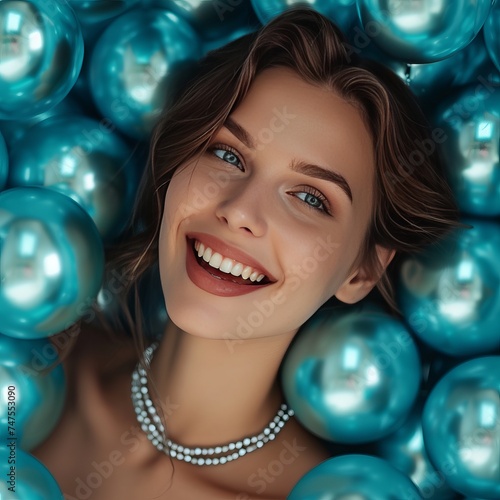girl smiling against a background of pearls.​. © Yahor Shylau 