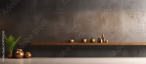 A wooden shelf in a kitchen or studio displaying various vases and bottles. The vases come in different shapes and colors, while the bottles are lined up neatly. © Vusal