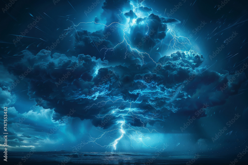 Lightning strikes in a dark cloudy sky over the ocean