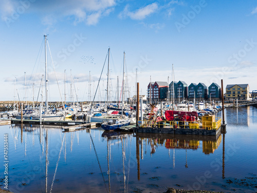 Marina at Amble, Northumberland, UK with copy space