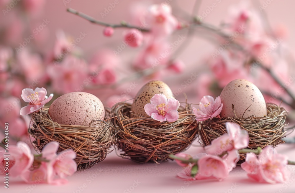 four empty wicker baskets with eggs and pink flowers on pink background four empty wicker baskets with eggs and pink flowers on pink background