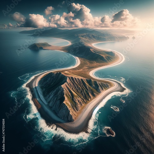 An aerial panoramic view showcasing the stunning coastline of Iturup Island along the Sea of Okhotsk in the Kuril Archipelago, located in Sakhalin Oblast, Russia.  photo