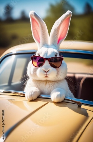 White rabbit in sunglasses sitting on the hood of a car in the countryside