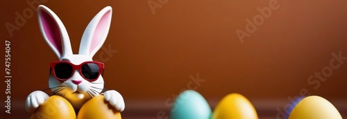 Easter bunny with sunglasses on the background of colored eggs. Easter banner.