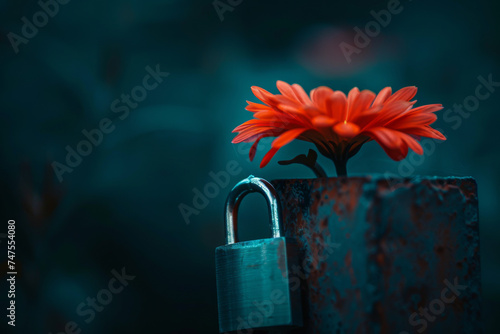 A red flower is growing out of a padlock