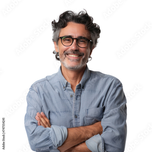 A man, smiling, wearing glasses, with arms crossed, isolated on white