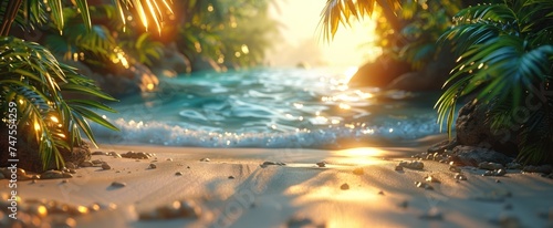 white sand beach and palmetto leaves