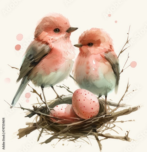 easter watercolor bird and eggs nest