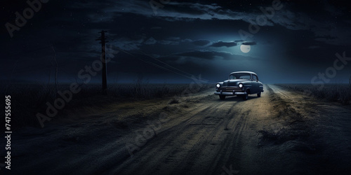 A vehicle on the road at night in the style of hyperrealistic details, A car on a deserted dimly lit road at night with full moon, generative AI