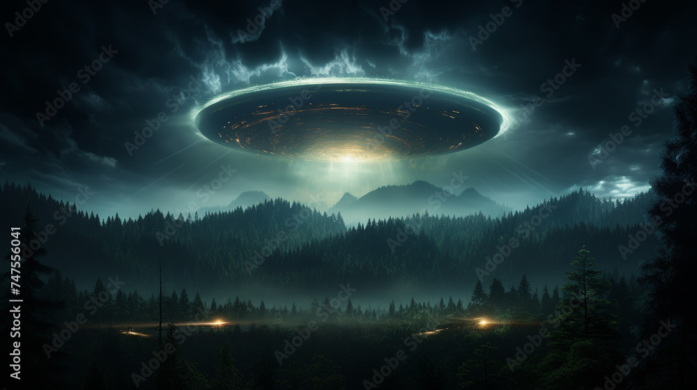 UFO, an alien saucer hovering above the field in the clouds UFO, an alien saucer hovering above the field in the clouds
