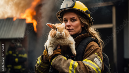 Portrait of a female firefighter holding a rescued rabbit in her arms