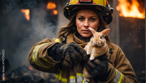 Portrait of a female firefighter holding a rescued rabbit in her arms heroism