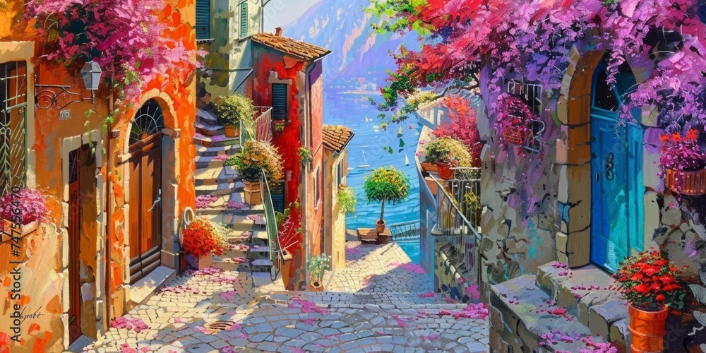 acrylic painting italian city of lombardy in the style of vibrant airy scenes Generative AI