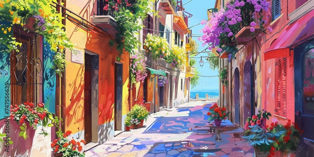 Naklejka premium acrylic painting italian city of lombardy in the style of vibrant airy scenes Generative AI