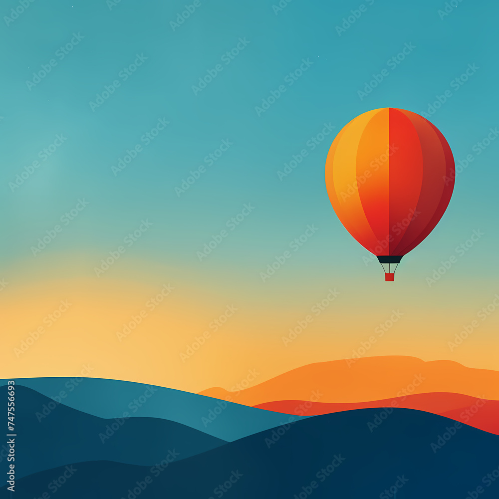 Poster with an image of a hot air balloon on an abstract blue sky and hills. Simple bright illustration in minimalist style