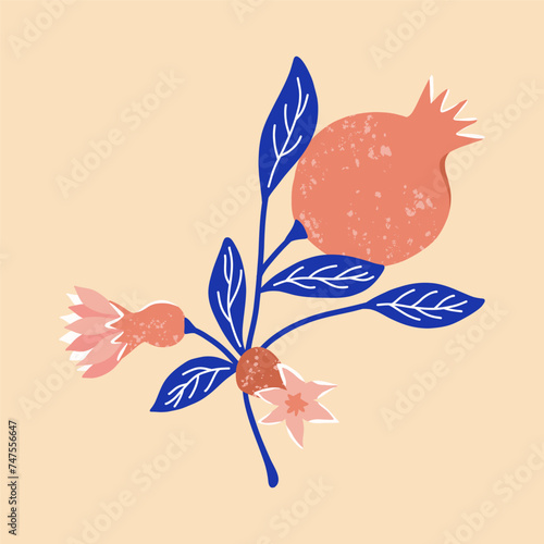 Branch flowering pomegranate with fruits. Summer garnet tree background. Vector print for card, t shirt, decor.