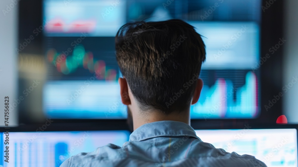 A Man is Looking at a Large Monitor Screen A Man is Looking at a Large Monitor Screen