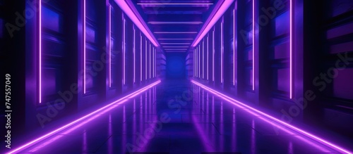 A long hallway illuminated by vibrant violet neon lights, casting a colorful glow on the interior walls and floor. The lights create a striking contrast against the dark surroundings,