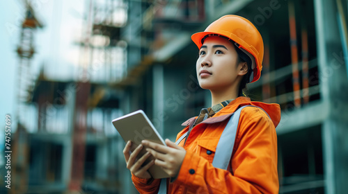 Confident female civil engineer with drawings on a busy construction site, showing leadership and experience in the field. Women's work and professionalism, equality