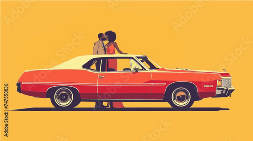 copy space, simple vector illustration, couple dressed in 70's style posing before a vintage 1970’s car. Illustration for T-shirt or other clothing. Vintage transportation theme.