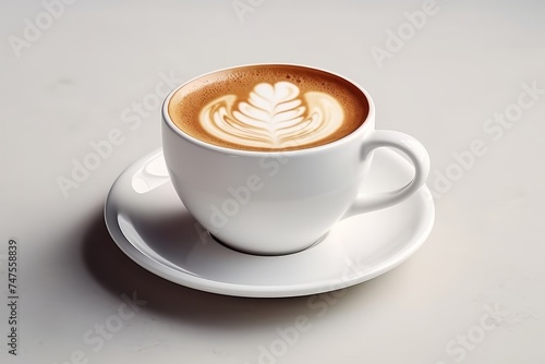 A beautifully crafted cup of cappuccino featuring latte art, placed on a saucer on a clean white table. Perfect for coffee lovers and enthusiasts of espressobased drinks