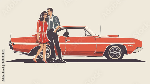 copy space, simple vector illustration, couple dressed in 70's style posing before a vintage 1970’s car. Illustration for T-shirt or other clothing. Vintage transportation theme.