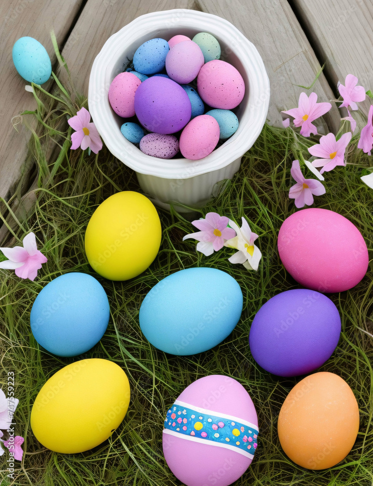 Colourful vibrant unordinary easter eggs lying on ground,  green grass and in a basket, white bucket. Egg hunt.