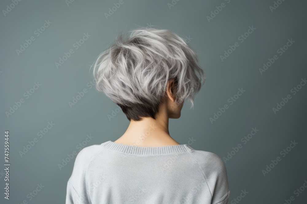 Rear view of a girl with short haircut gray hair, care and hair care concept Rear view of a girl with short haircut gray hair, care and hair care concept