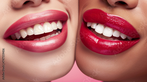 Close-up of beautiful female lips before and after whitening.