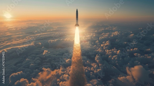 A dramatic scene of a combat rocket soaring high above 