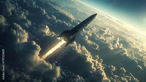 A dramatic scene of a combat rocket soaring high above 