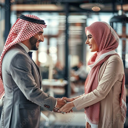 Muslim Businesspeople Closing a Business Deal at a Corporate Modern Office. Female and Male Representatives Shake Hands and Celebrate Successful Partnership. Saudi, Emirati, Arab Office Concept 