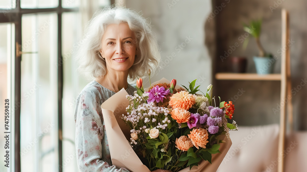 Happy elderly woman happily holding bouquet of fresh flowers, radiating happiness and lifestyle. Spring women's holidays, March 8, mother's day, birthday